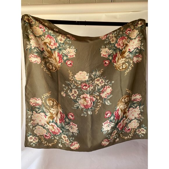 Vintage Floral Silk Scarf Shawl Wrap With Large Rose Pattern - Picture 7 of 16